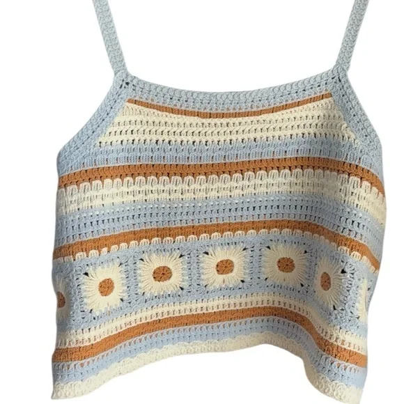 New In Crochet Striped floral Crop Top - Blue, cream , Brown sz M - Picture 11 of 11